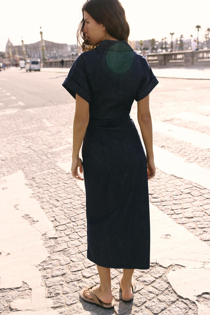 Thalia™ | Denim Knopf-Front Midi Kleid