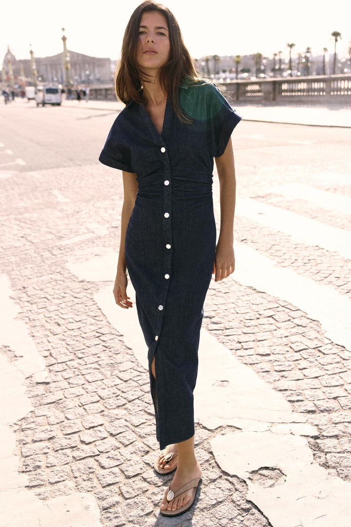 Thalia™ | Denim Knopf-Front Midi Kleid