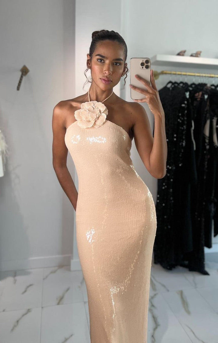 Sophina™ | Halter Pailletten Blüten Maxi Kleid