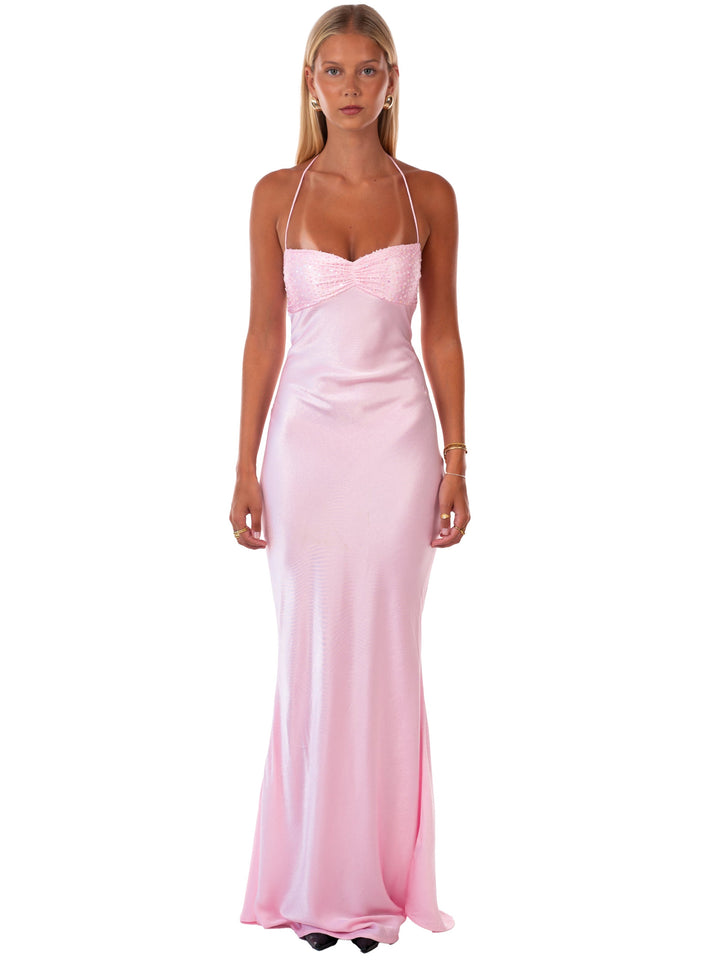 Aurora™ | Quarz Satin Halter Maxi Kleid