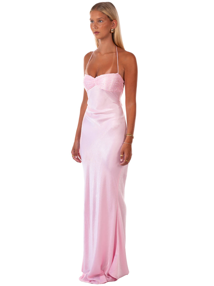 Aurora™ | Quarz Satin Halter Maxi Kleid
