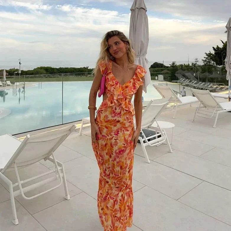 Lila™ | Rüschendruck Maxi-Kleid