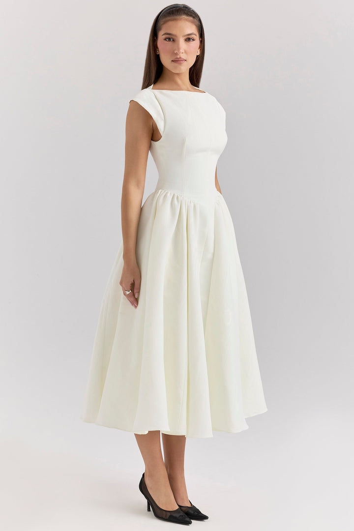 Daphne™ | Ivory Satin Midi Kleid
