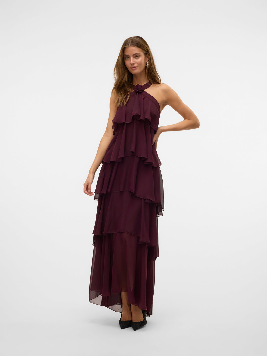 Vera™ | Geschichtetes Pflaumen-Rüsch-Maxikleid